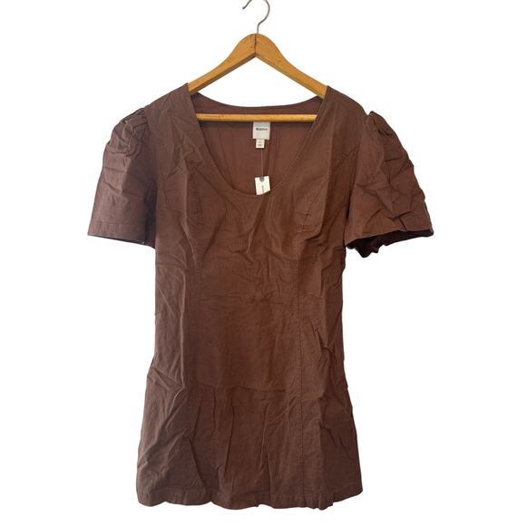 Anthropologie Maeve Puff Sleeve Brown Linen Back Cutout Mini Dress L - Picture 4 of 10